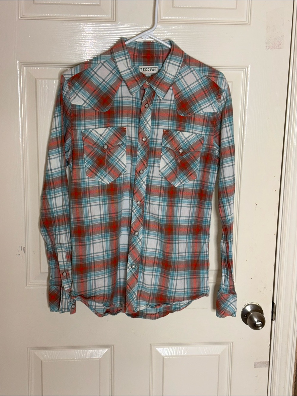 Tecovas Shirt Mens Small Orange Blue Plaid Western Pearl Snap Long Sleeve - Picture 10 of 10